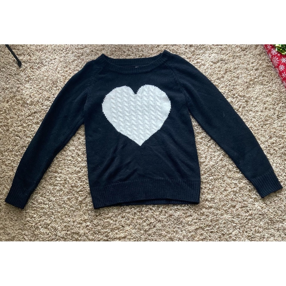 Women's Black Sweater with White Heart Design